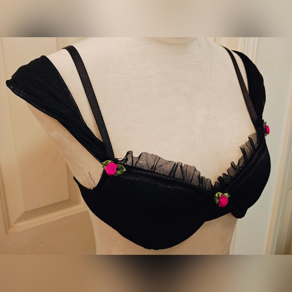 Sugar Thrillz Forbidden Fling Satin Bra w Lace, Rose Buds, Drape Sleeves Ruffles - Picture 4 of 14